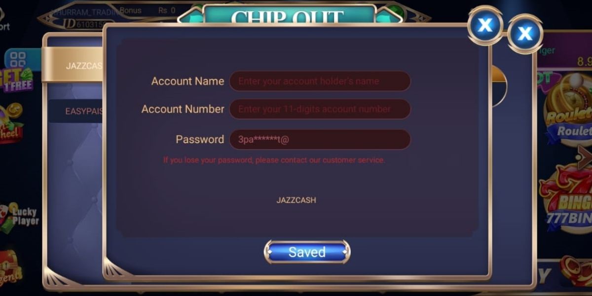 Screenshot of the "Chip Out" JazzCash withdrawal interface in a gaming app, showing fields for account name, 11-digit account number, and a masked 6-word password, with a "Saved" button.
