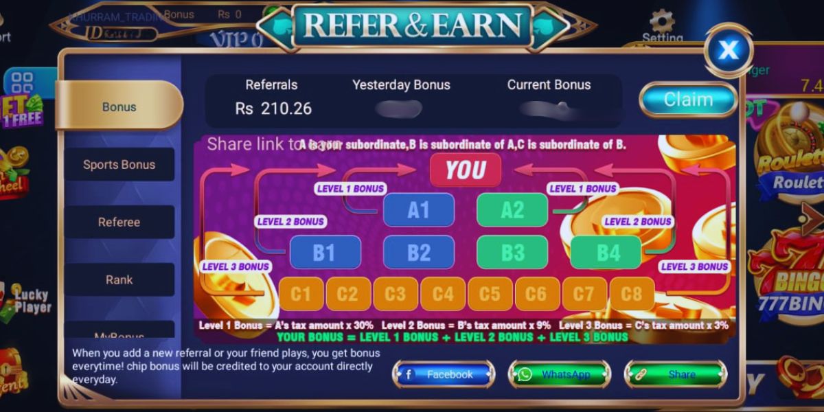 Teen Patti Sky app screen showing referral bonus system with three levels of invite earnings and daily chip rewards.