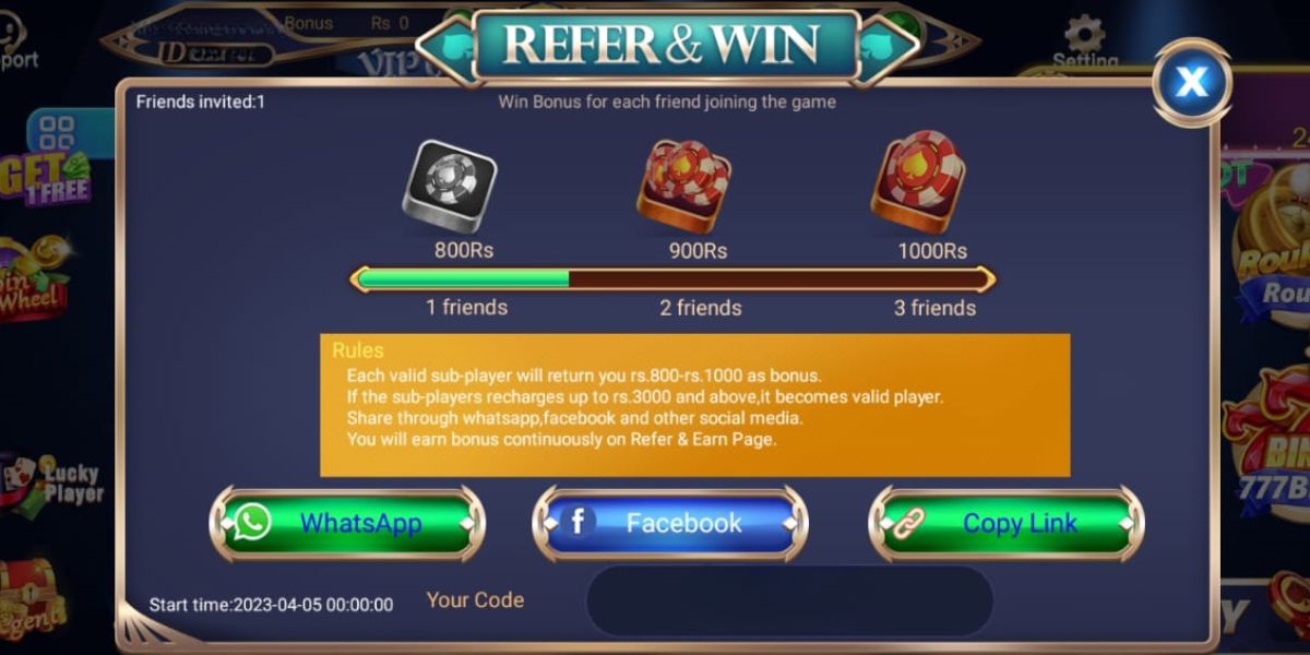 Screenshot of Teen Patti Sky's Refer & Win program showing bonuses from Rs. 800 to Rs. 1000 for inviting friends, with share options via WhatsApp, Facebook, and a referral link.