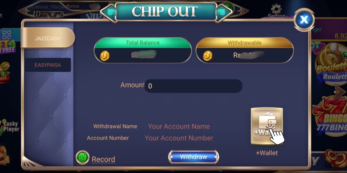 Screenshot of the "Chip Out" withdrawal interface in a gaming app, showing options for EasyPaisa and JazzCash payment methods, with fields for account name and number, and a "Withdraw" button.