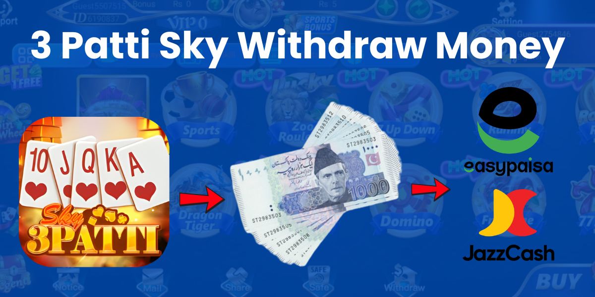 3 Patti Sky withdrawal process with playing cards, PKR currency notes, and Easypaisa/JazzCash logos on a blue gaming background.