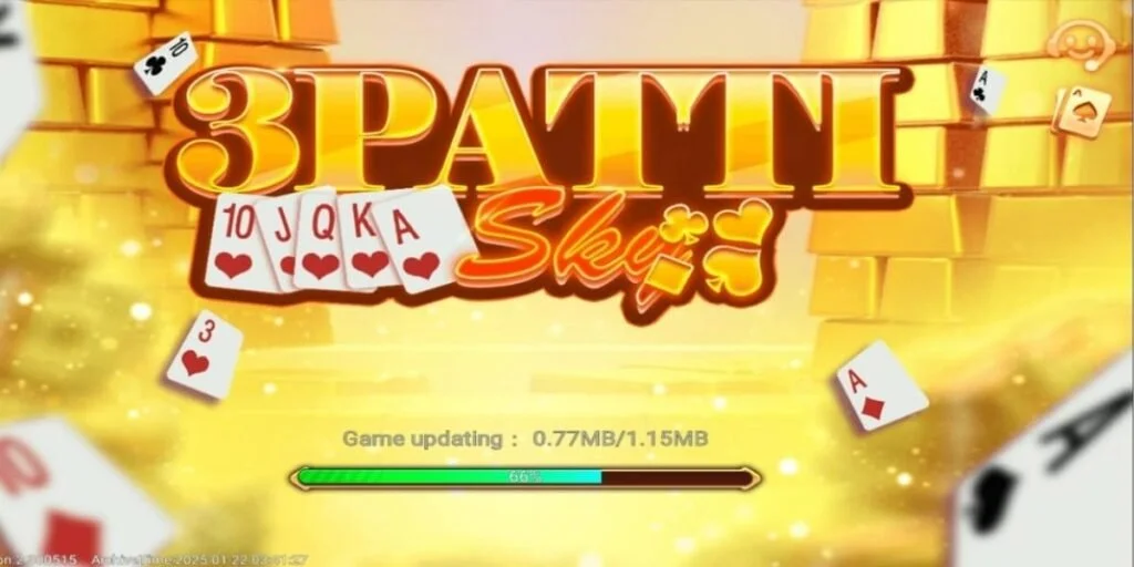 3 Patti Sky game loading screen with playing cards and gold background during update process