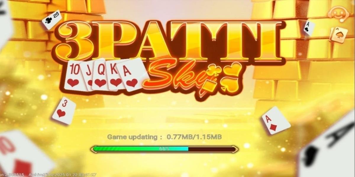 3 Patti Sky game loading screen with playing cards and gold background during update process