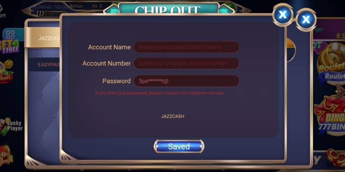 Screenshot of the "Chip Out" JazzCash withdrawal interface in a gaming app, showing fields for account name, 11-digit account number, and a masked 6-word password, with a "Saved" button.