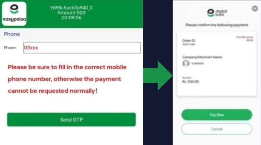 enter payment details and confirm transaction via JazzCash or EasyPaisa SMS verification